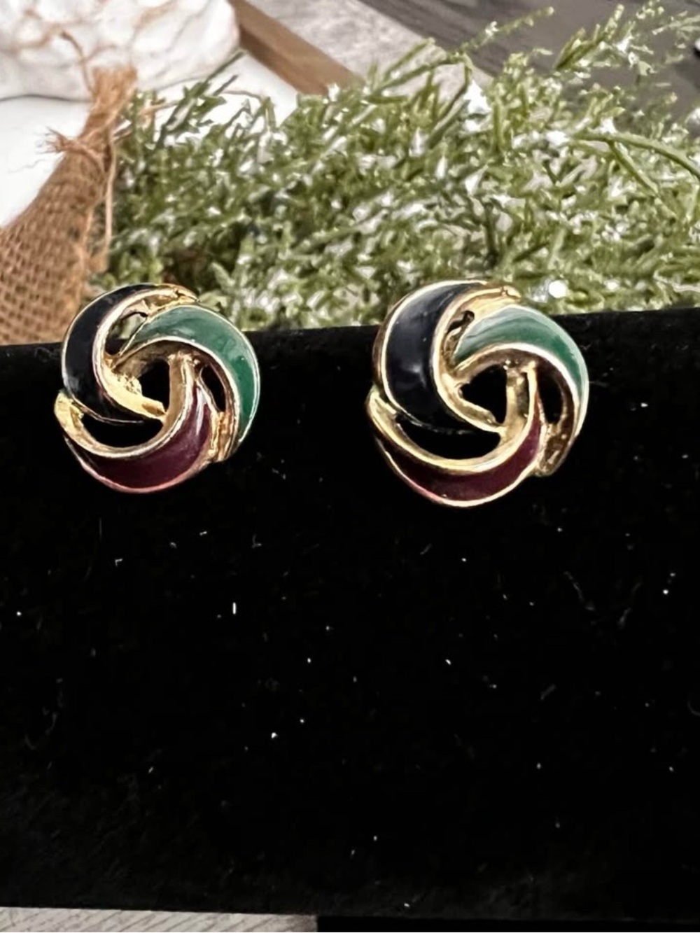 Vintage Tricolored Blue Green & Maroon w Gold Stud Earrings